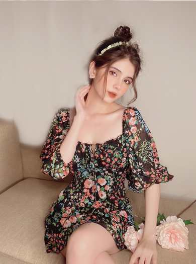 EDINI - Đầm Cổ U Tay Phồng Hoạ Tiết Hoa D1454