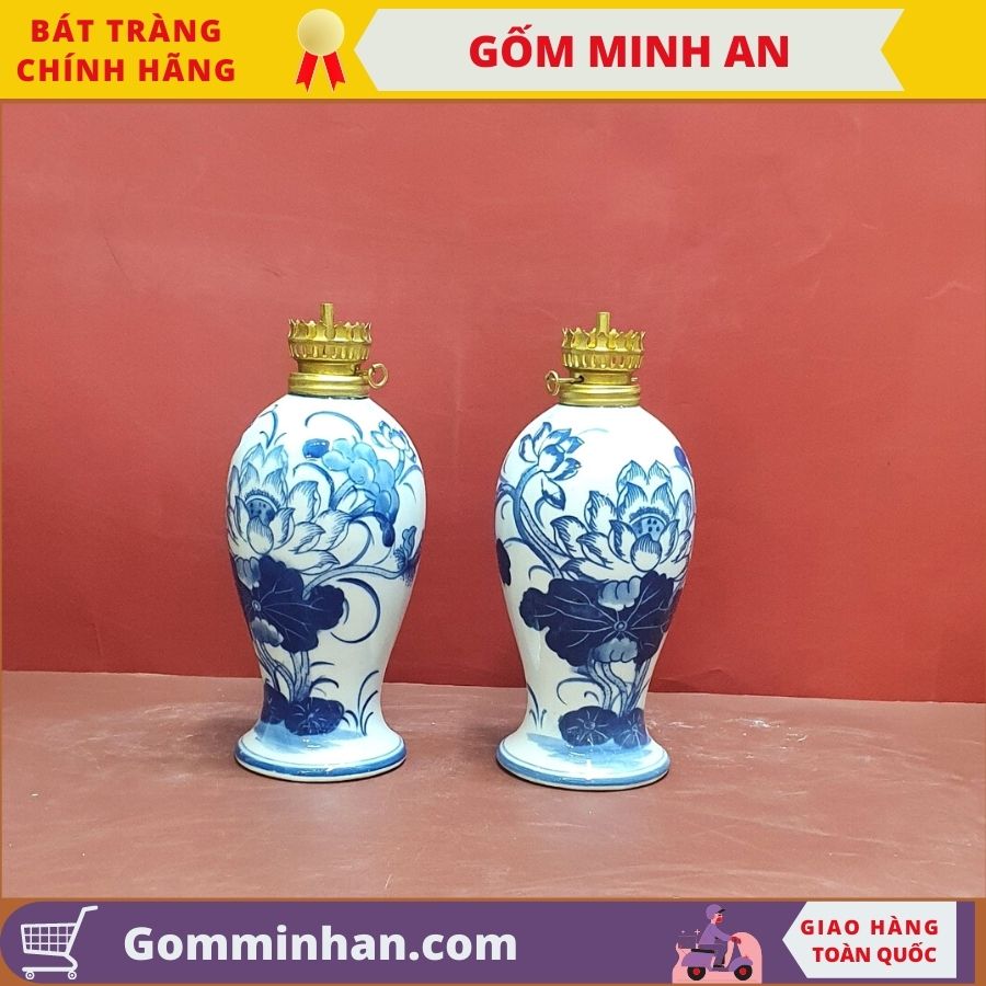 Đèn dầu thờ dáng quả xoài vẽ hoa sen men trắng cao cấp bát tràng- gốm sứ bát tràng- gốm minh an