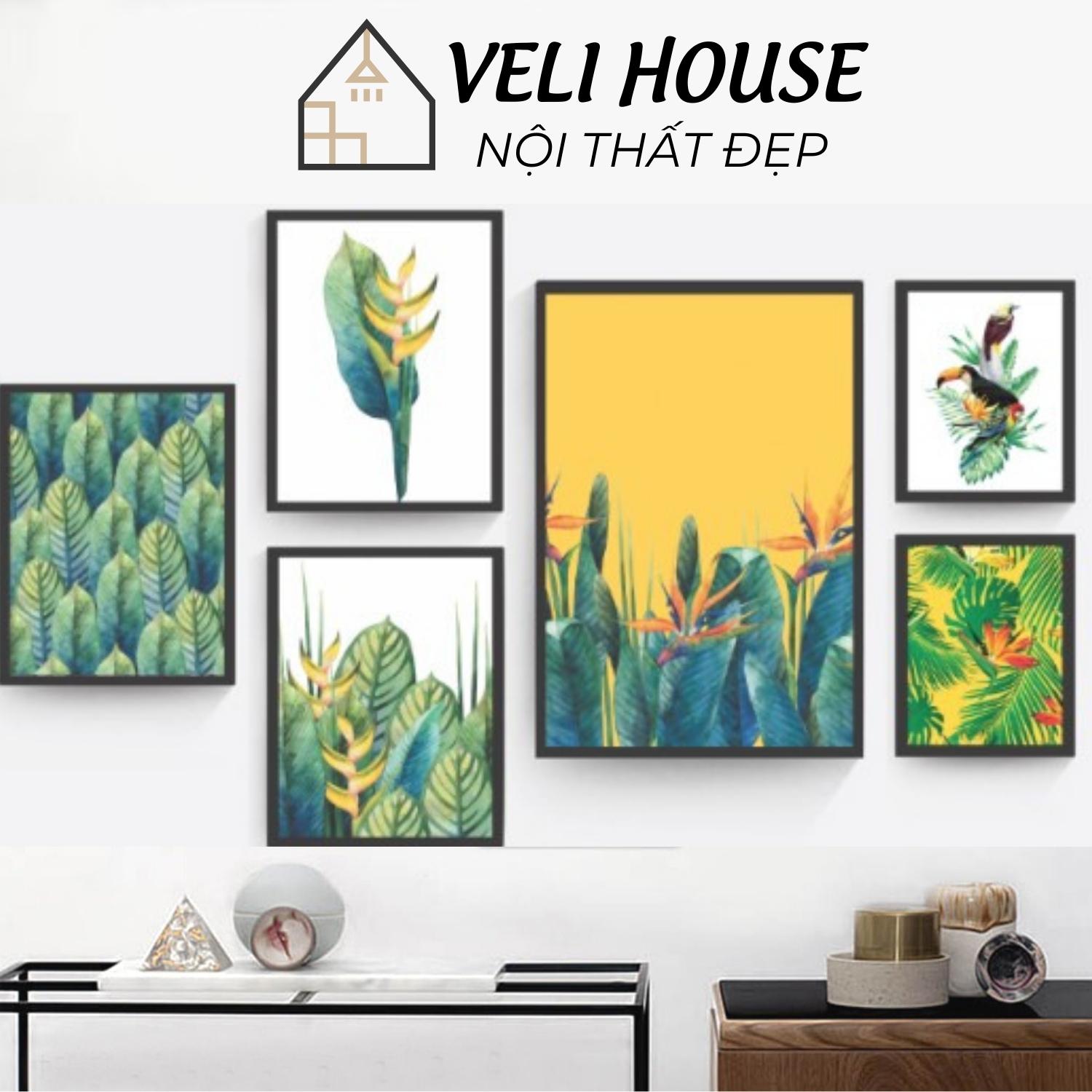 Bộ 6 tranh vải canvas treo tường bắc âu kcv73 - Lá xanh nhiệt đới - Kèm khung - Veli house