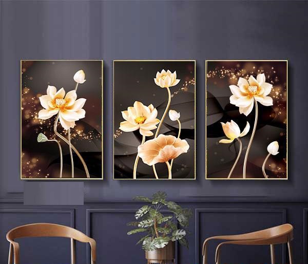 TRANH CANVAS - TRANH ÉP LỤA KIM SA - TRANH TREO TƯỜNG PHÒNG KHÁCH - TRANH HOA SEN VÀNG THD52