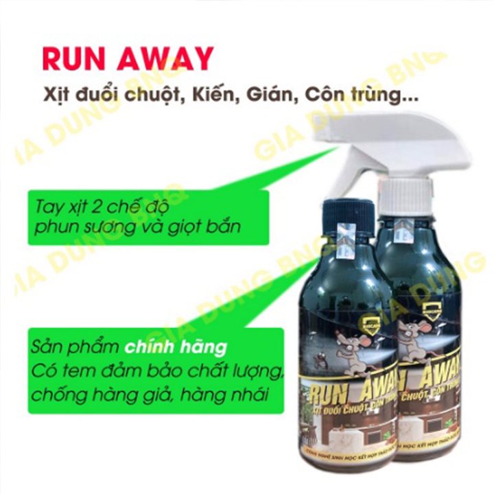 Xịt Đuổi Chuột, Muỗi Chiết Xuất Thiên Nhiên Run Away Không Mùi, An Toàn Dung Tích 300ml Hiệu Quả Trong 1 Lần Xịt