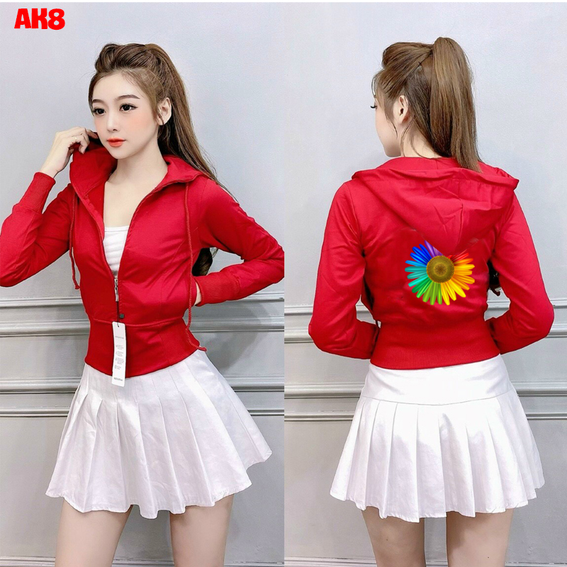 Áo khoác croptop có mũ freesize 54kg hình in hoa cúc