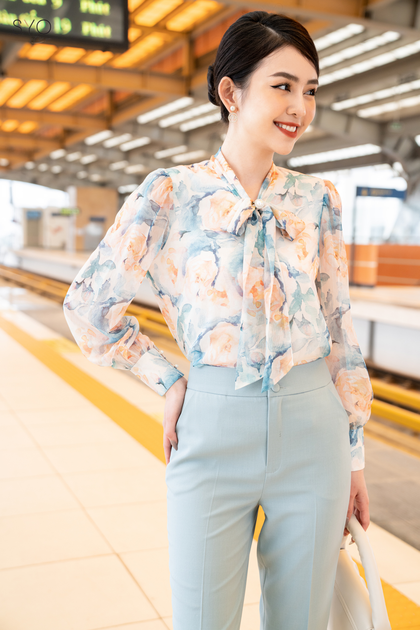 Áo sơ mi hoa cổ buộc nơ a1036-22