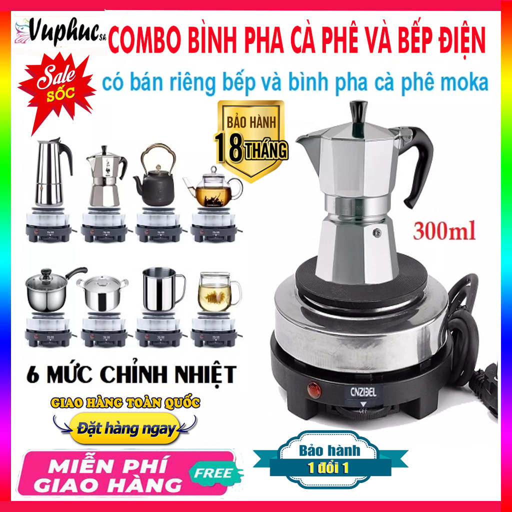 Bình pha cafe Moka Pot 300ml kèm bếp điện - Ấm pha cafe - Bình pha cà phê - Ấm pha cà phê - Ấm pha cafe siêu tốc - Có thể sử dụng là ấm pha trà, ấm pha chè, ấm pha trà mini- bảo hành lỗi 1 đổi 1