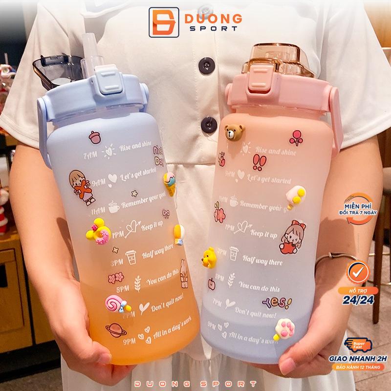 Bình đựng nước 2l dễ thương có vạch báo giờ uống nước siêu cute bình nước thể thao