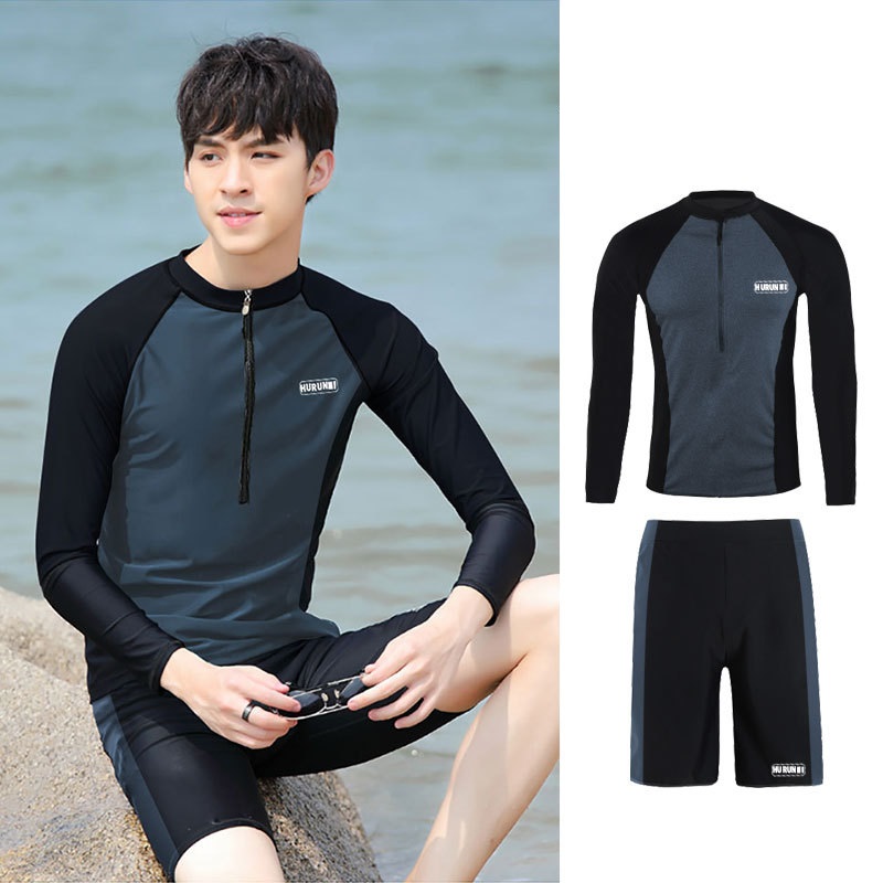 Men Swimwear Rashguard Short Sleeves Swimming Shirts + Boxer