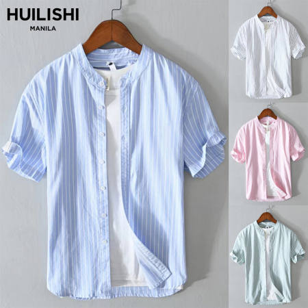 Huilishi Chinese Collar Striped Short Sleeve Fashion Casual Men Shirt