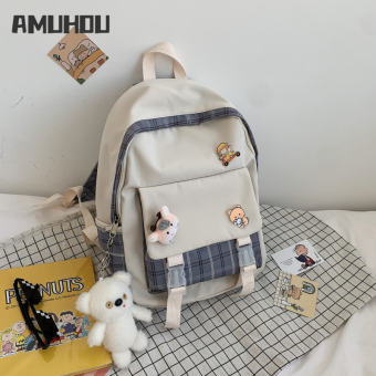 Cặp học sinh AMUHOU Canvas Ba lô bé gái kẻ sọc thời trang Nhật Bản Ba lô học sinh cấp 3 và cấp 2 (không có mặt dây chuyền)