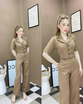 Set bộ áo vest quần dài, set bộ áo vest nút chéo quần dài ống xuông, set bộ hai món trẻ trung kiểu dáng đơn giản tôn da tôn dáng