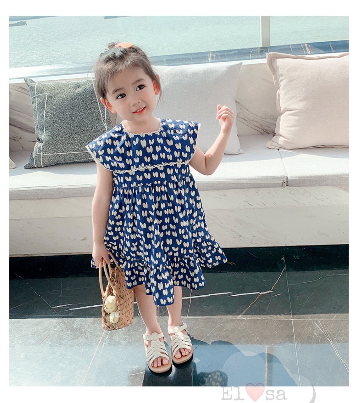 Váy bé gái - Váy tai thỏ xanh cam cổ vuông bánh bèo siêu xinh cho bé 1-5 Tuổi