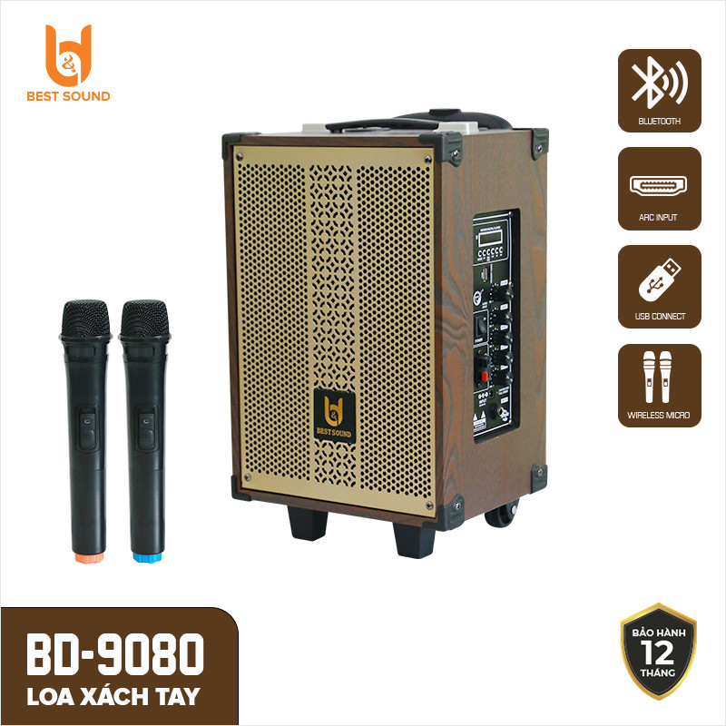 Loa kéo gỗ bluetooth mini di động b&d best sound bd-9080, bass 25cm, công suất 40w kèm 2 micro không dây cao cấp