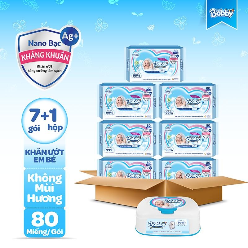 [20g 7-10.8 QUÀ TO][Tặng 1 hộp tiện lợi] Bộ 7 gói khăn giấy ướt trẻ em Bobby Care gói Bổ sung không mùi - 80 miếng