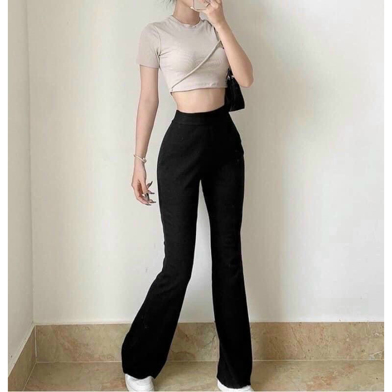Quần ống loe, quần legging cạp cao tôn dáng chất cotton co dãn 4 chiều siêu tôn dáng