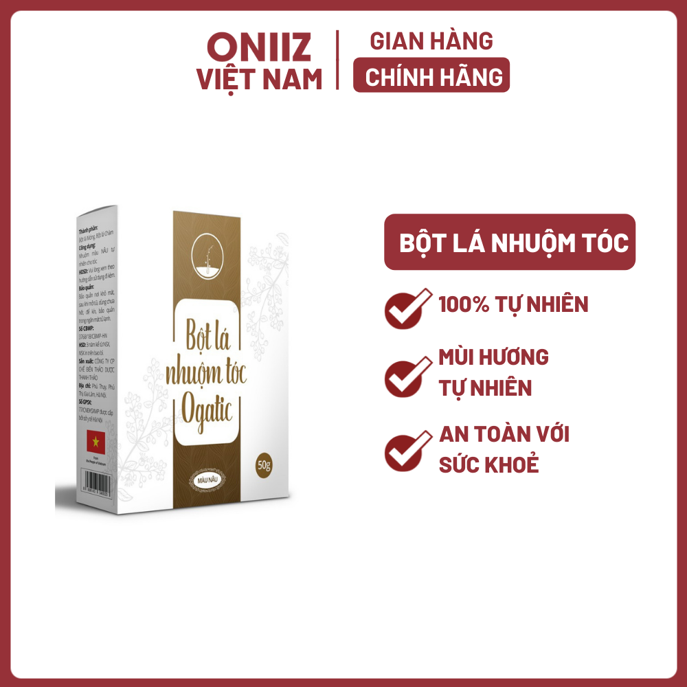 Bột lá nhuộm tóc OGATIC - nhuộm phủ bạc 50G - Hàng chính hãng -Từ thảo dược Lá móng-Lá chàm An toàn cho tóc và da đầu