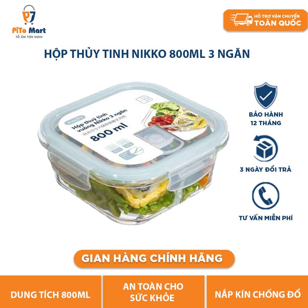 Hộp đựng cơm thủy tinh vuông Nikko Inochi 800 ml , hộp đựng thực phẩm thủy tinh.