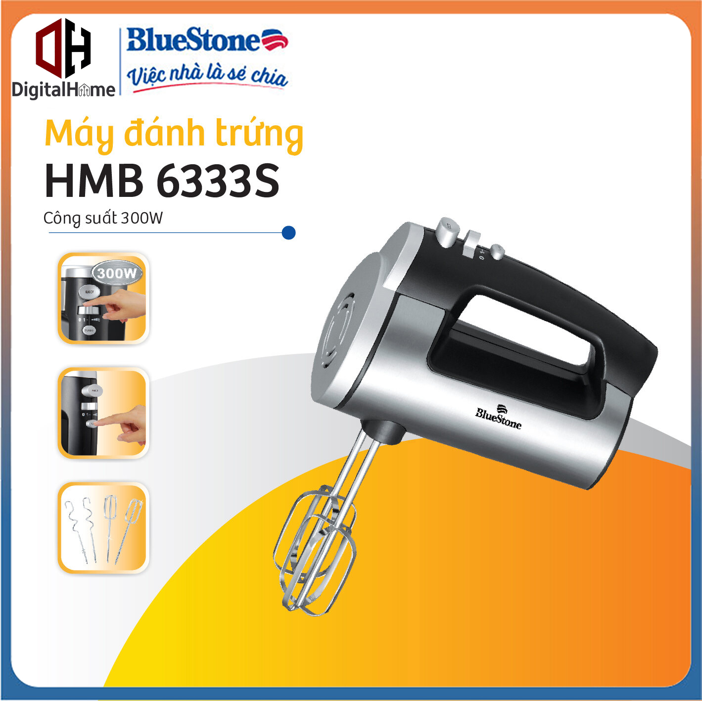 Máy đánh trứng bluestone hmb-6333s, công suất 300w, 6 tốc độ,bảo hành chính hãng 2 năm