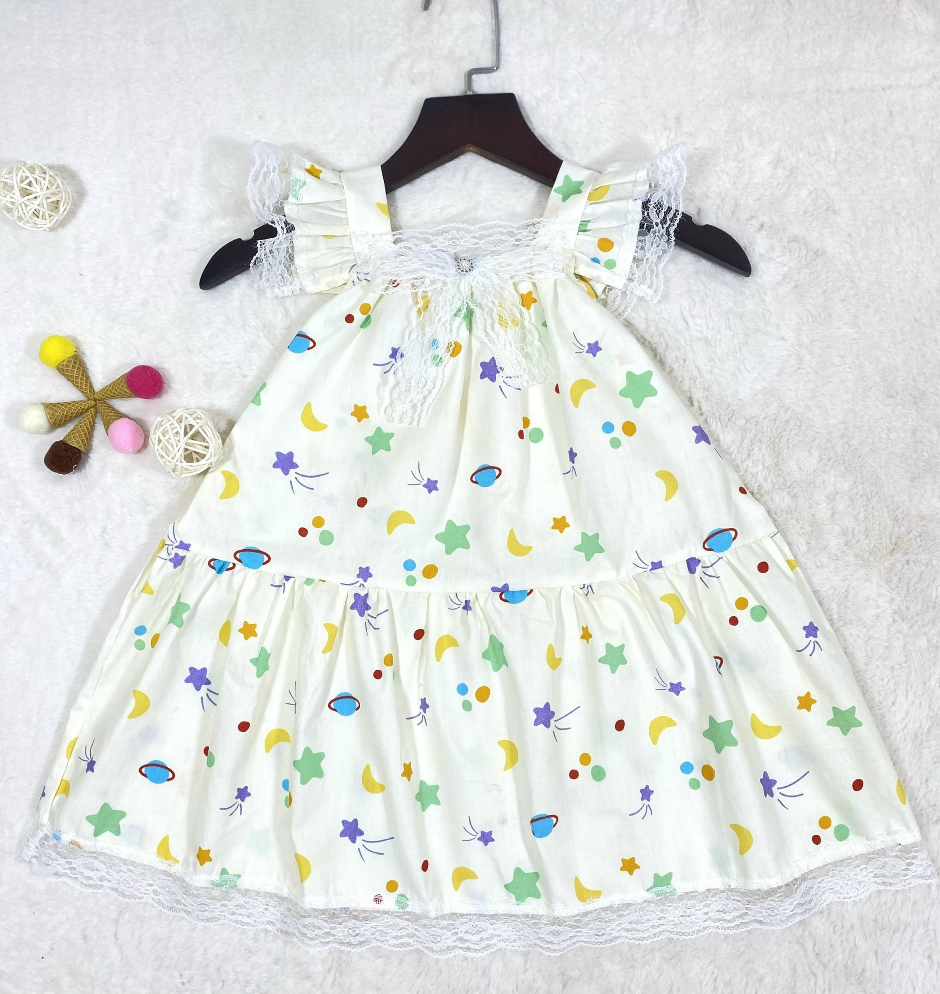 Đầm bé gái,váy trẻ em ,BITIKIDS, họa tiết hoa nhí phối nơ xòe phồng kate cotton size 0-6 tuổi.