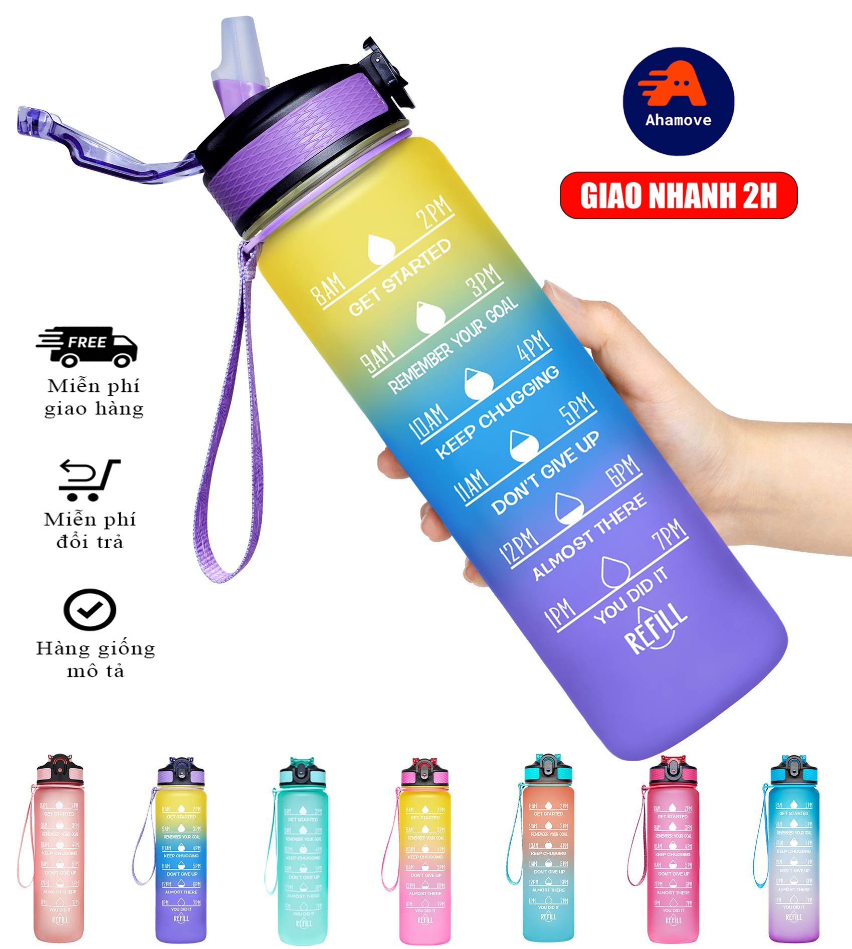 Bình đựng nước 1l dễ thương có vạch báo giờ uống nước tập thể thao - bình nước thể thao 1 lít dễ thương cute có vạch báo giờ uống nước