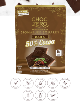 TÚI SOCOLA ĐEN 50% COCOA VUÔNG Choczero DARK CHOCOLATE SQUARES, KHÔNG ĐƯỜNG, ĂN KIÊNG Keto, Non GMO, Gluten Free, 150g (5.4 oz)