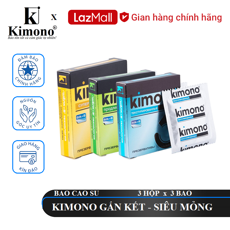 [ KIMONO ] Bộ sản phẩm KIMONO GẮN KẾT - Bao cao su Kimono 0.02 Vàng 3 bao + Bao cao su 0.03 Green 3 bao + Bao cao su 0.04 Gai 3 bao.