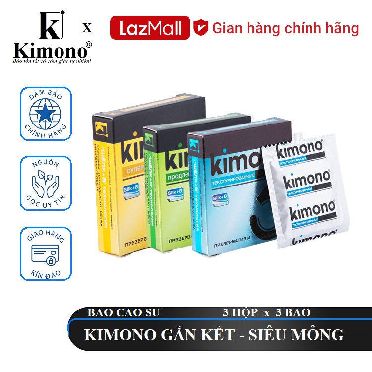 Bộ sản phẩm kimono gắn kết - bao cao su kimono 0.02 vàng 3 bao + bao cao su 0.03 green 3 bao + bao cao su 0.04 gai 3 bao.