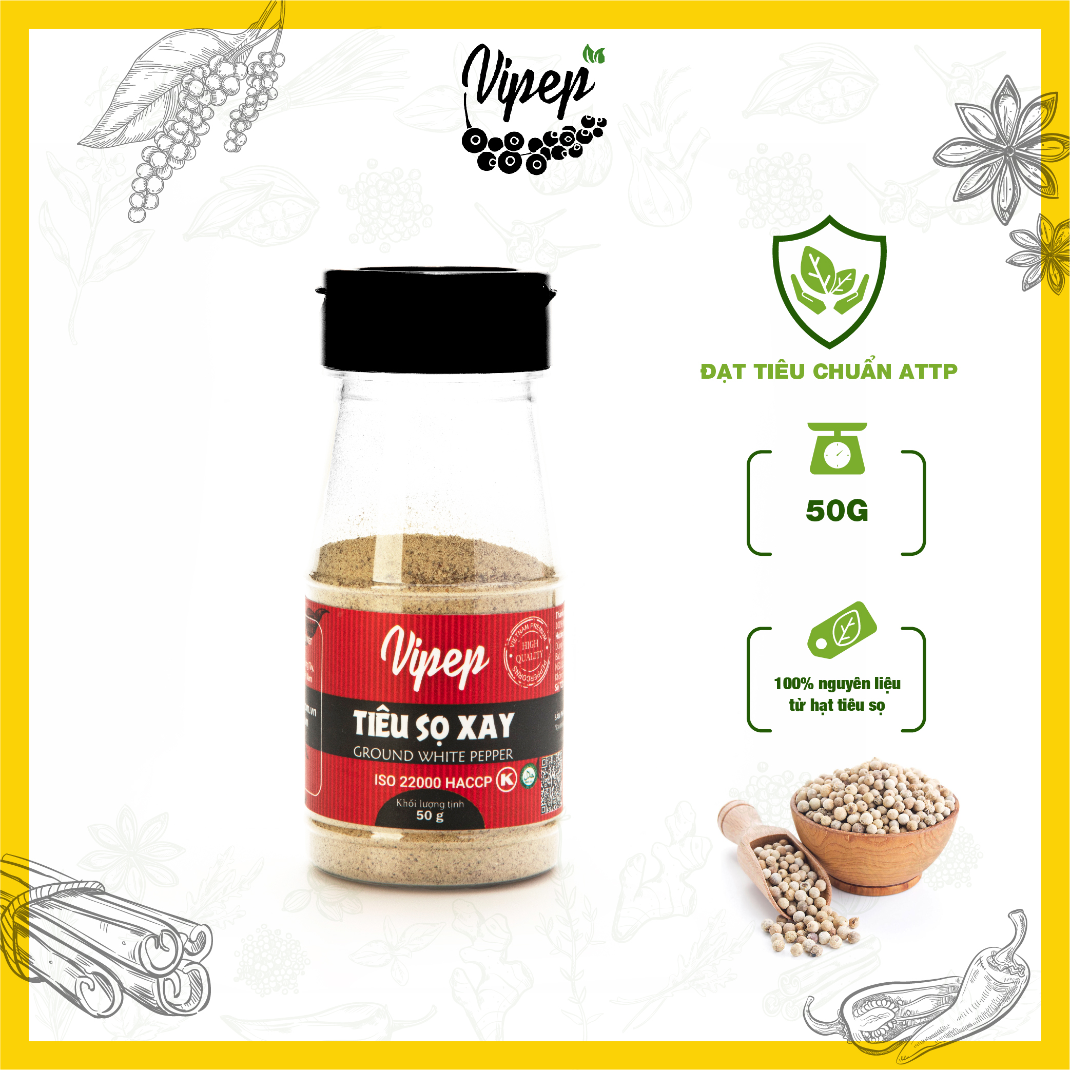Tiêu sọ xay Vipep từ 100% hạt tiêu sọ nguyên chất - gia vị dùng nêm, ướp, khử tanh thực phẩm