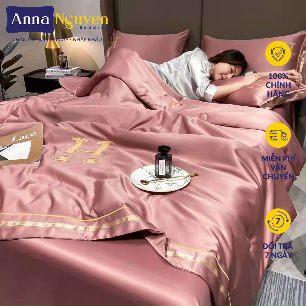 Bộ chăn ga gối đệm lụa thái chữ h luxury nhập khẩu drap giường phi bóng cao cấp bo chun drap - anna nguyen bedding
