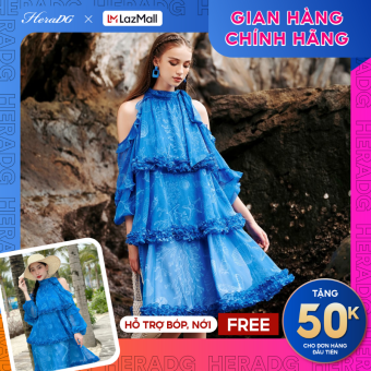 Đầm tơ họa tiết  trễ vai HeraDG thân xòe tầng thướt tha nữ tính SDPBC6156