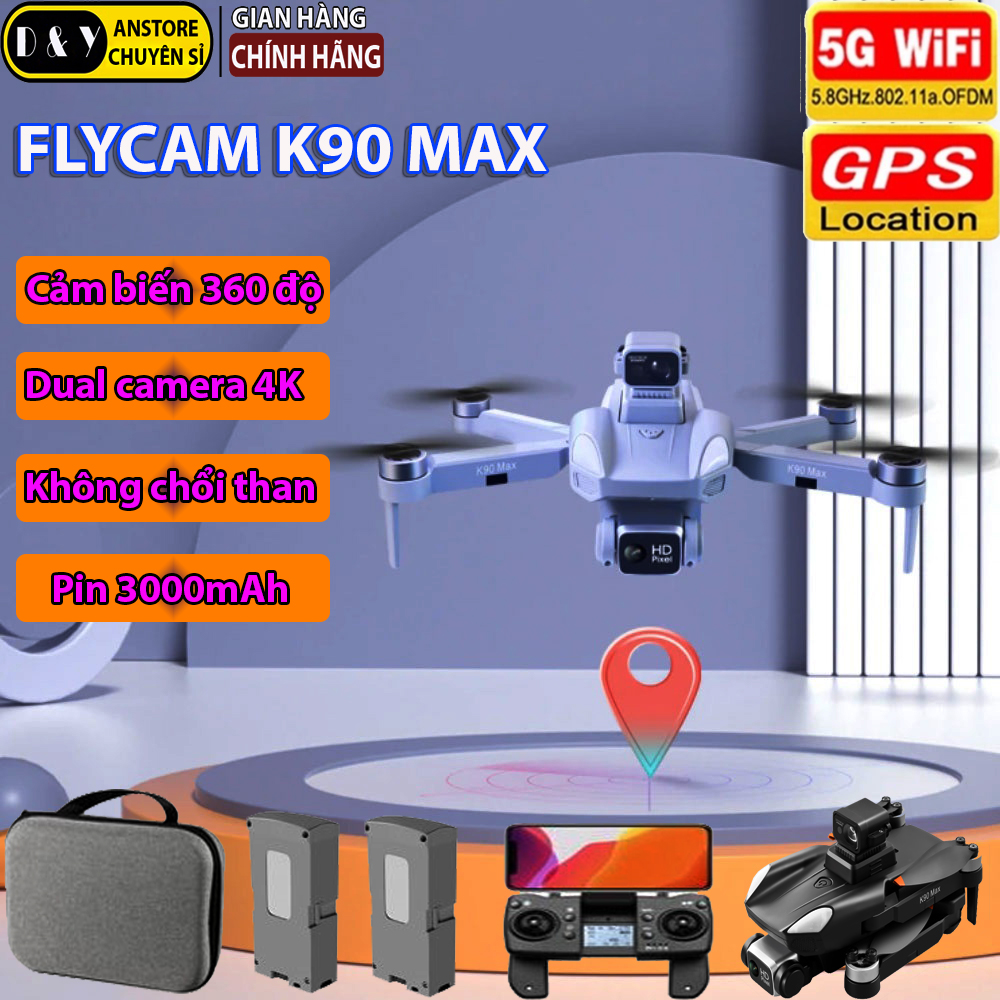 Flycam mini Dual camera 4K - G P S, Máy bay camera K90 Max có cảm biến 3 chiều tránh vật cản, Động cơ không chổi than - Flycam mini cao cấp giá rẻ hơn flycam mavic pro, Flycam dji - Drone camera mini