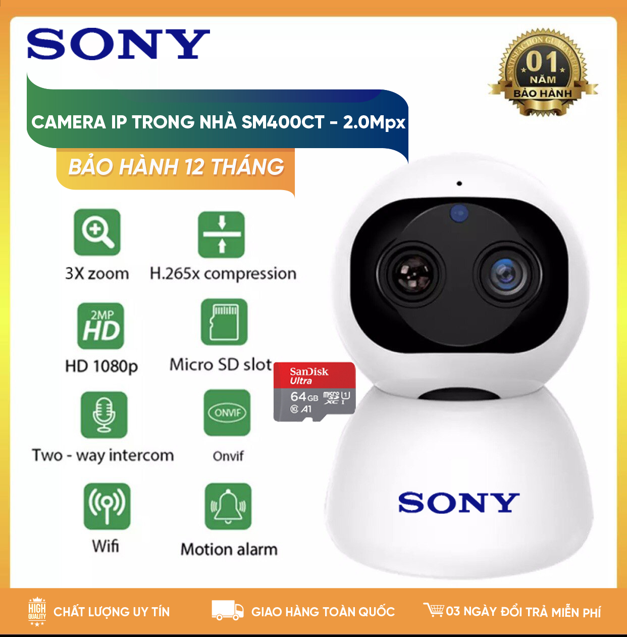 Camera wifi trong nhà SONY SM400-CT 4.0MP Full HD, ống kính zoom 10x , camera 2 mắt siêu đẳng cấp, xoay 360 độ, đàm thoại 2 chiều, hỗ trợ thẻ nhớ lên đến 128G, Cảnh báo chống trộm, nhỏ gọn dễ lắp đặt – Hàng nhập khẩu