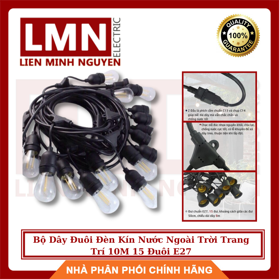 Bộ dây đuôi đèn kín nước ngoài trời trang trí 10m 15 đuôi e27, hàng chất lượng - bh 12 tháng