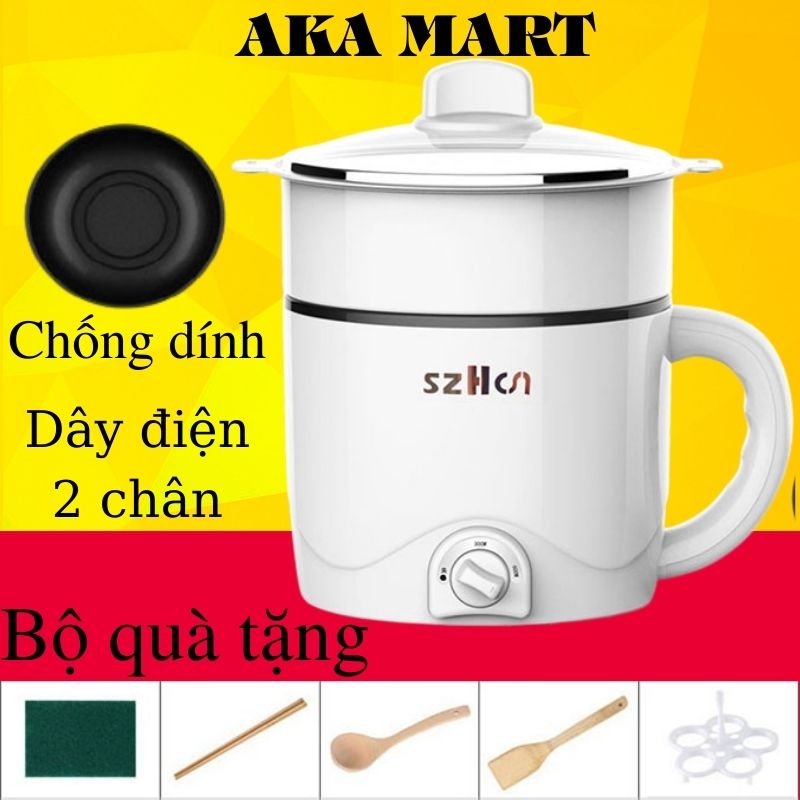 Nồi Điện Mini Đa Năng Chống Dính 2 tầng 2 nấc nhiệt loại tốt Dung Tích 1.5L Nấu Lẩu Hấp Trứng Nấu Cháo chiên xào chỉ với một nồi đa năng rất tiện lợi - Aka mart