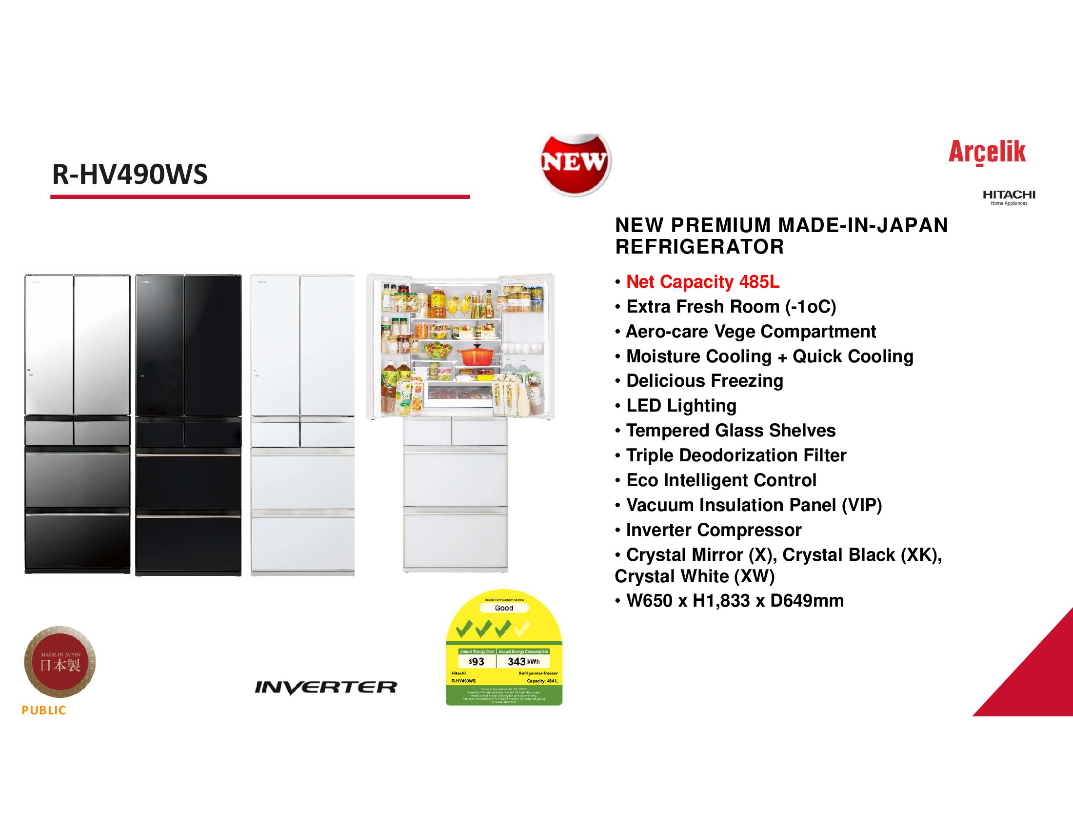 HITACHI R-HV490WS-XW 485L 6 DOOR FRIDGE COLOUR: CRYSTAL WHITE