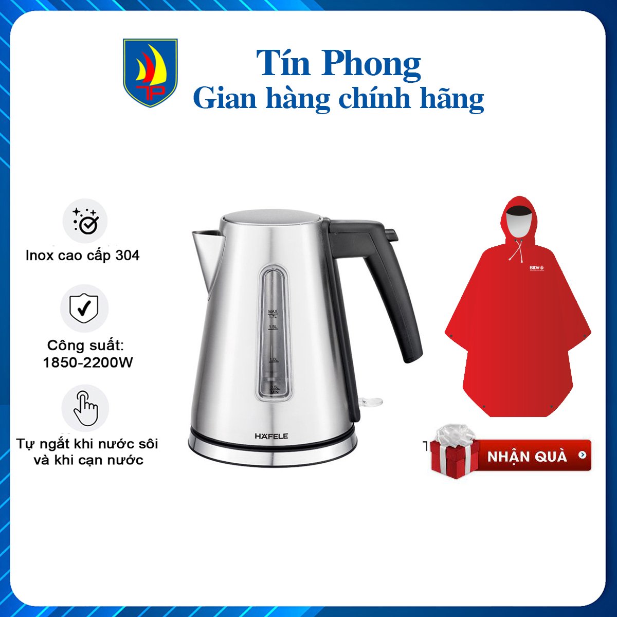 Ấm đun nước siêu tốc, bình đun siêu tốc hafele t-907b 1,7l/ 535.43.731 - công suất 1850-2200w, thép không gỉ 304, có lưới lọc cặn - hàng chính hãng, bảo hành 1 năm