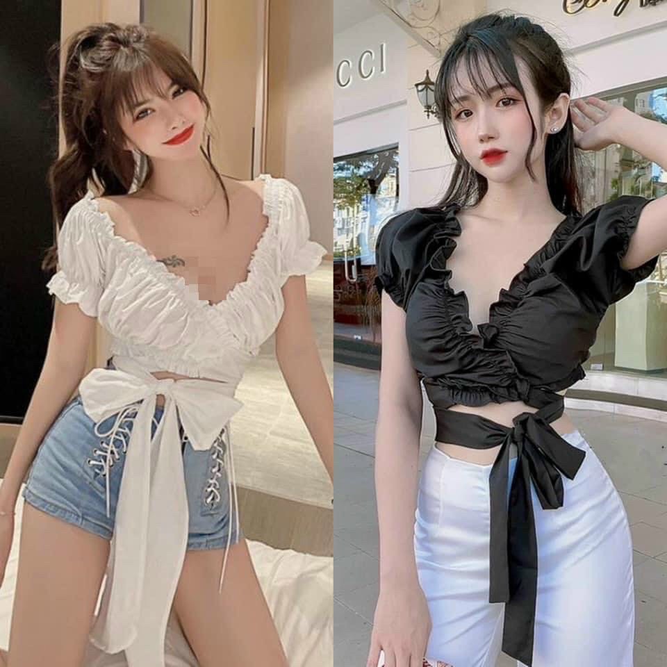 Áo Kiểu Nữ Nhún Trễ Vai Voan Lụa From Dưới 48kg Siêu Đẹp Áo Croptop Ngắn Tay Chất Voan Phối Dây Cột Eo Đan Chéo STK Shop