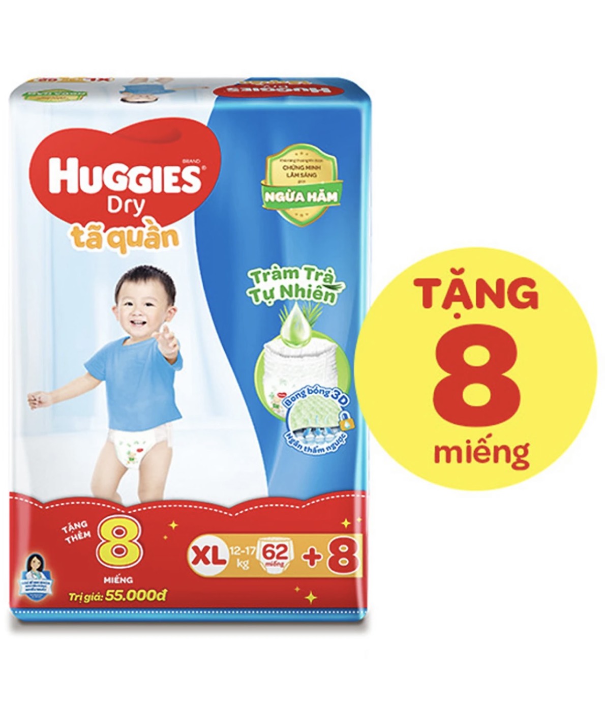 Tã quần huggies tràm trà m74 +10 miếng/l68/xl62/xxl56 + tặng 8/6 miếng