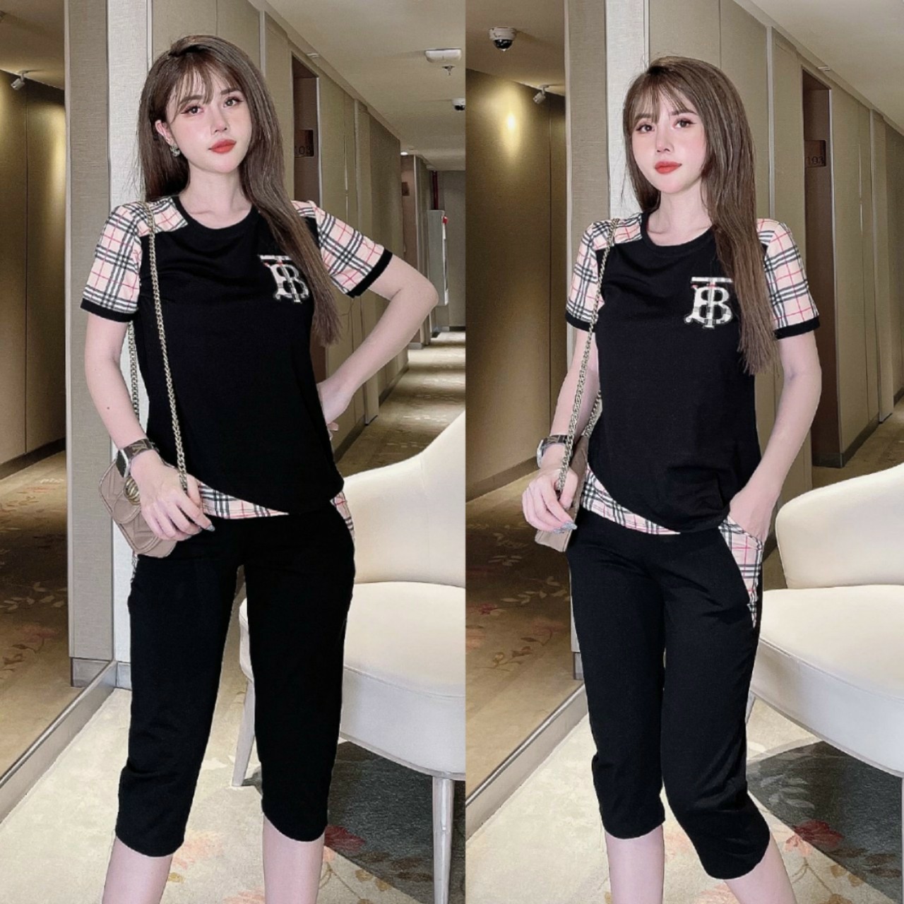 Đồ bộ thun lửng phối caro logo chữ B