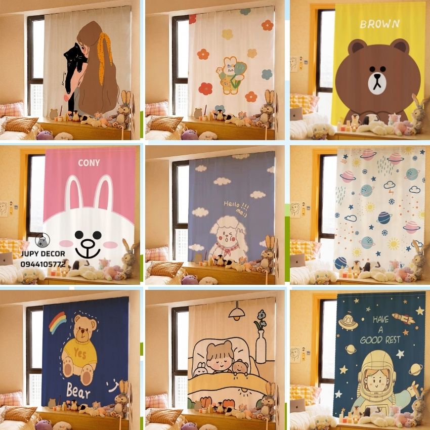 [SẴN HCM] Màn Che Cửa Sổ Phòng Ngủ, Phòng Khách, Nhà Bếp, Rèm Cửa Sổ In Họa Tiết Gấu, Thỏ, Cô Gái, Cừu Cute Dễ Thương, Rèm Cửa Sổ Dán Tường Bằng Keo 2 Mặt Tặng Dây Buộc Rèm - Jupy Decor