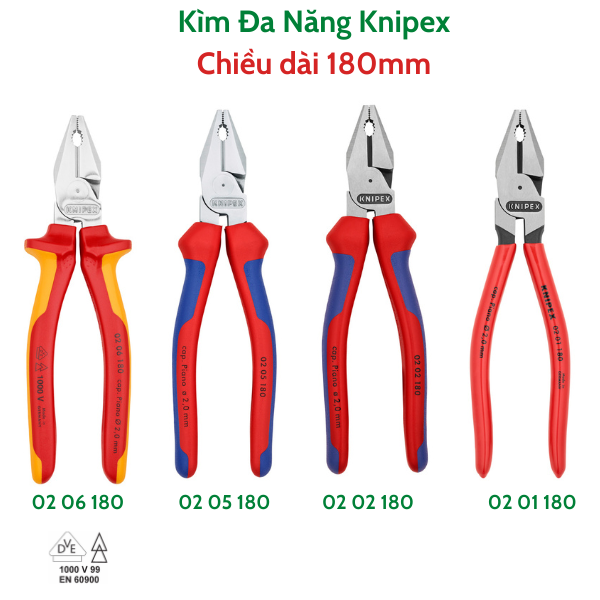 Kìm đa năng knipex cộng lực dòng 02 sở hữu đặc điểm lưỡi cắt tôi 63 hrc, cộng lực 35%, chiều dài 180mm gồm 02 01 180/ 02 02 180/ 02 05 180 và 02 06 180 - sản xuất tại đức