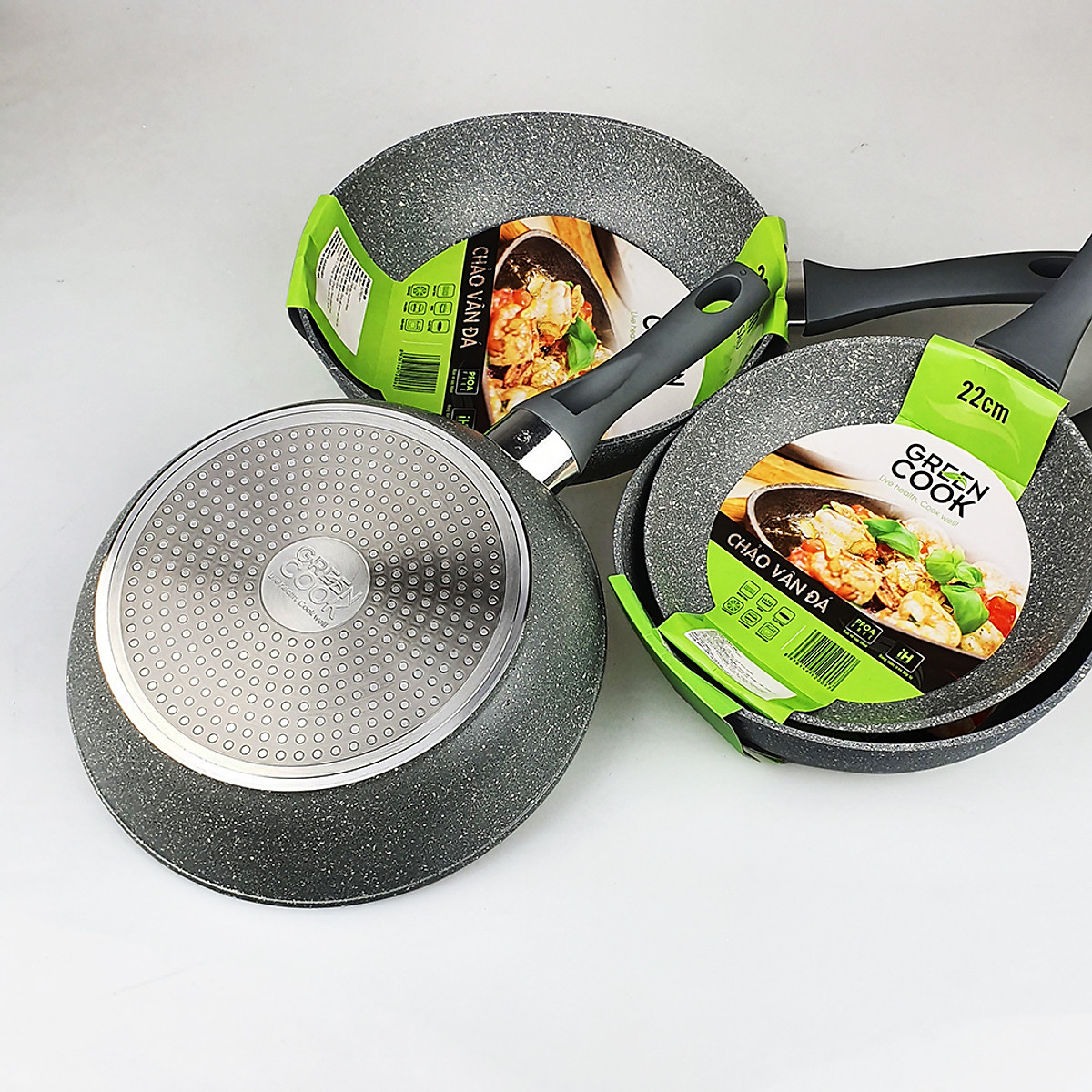 Chảo vân đá 22cm đáy từ dùng được cho hầu hết các loại bếp-chảo chống dính vân đá cao cấp nhỏ gọn tiện lợi.