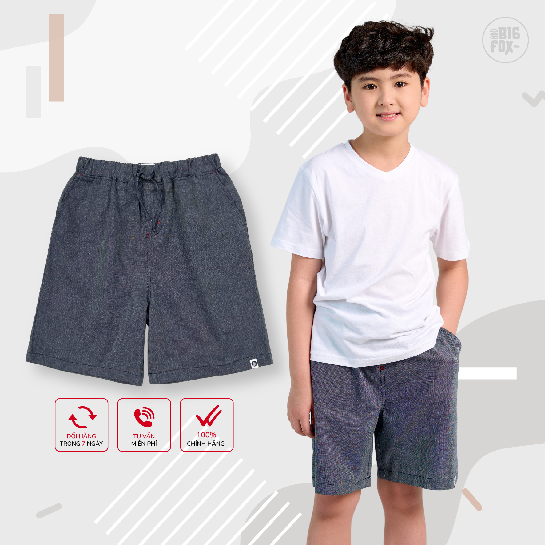 Quần thô bé trai bigfox, quần đùi cho bé tới size đại mặc mùa hè mắc gấu 7-15 tuổi
