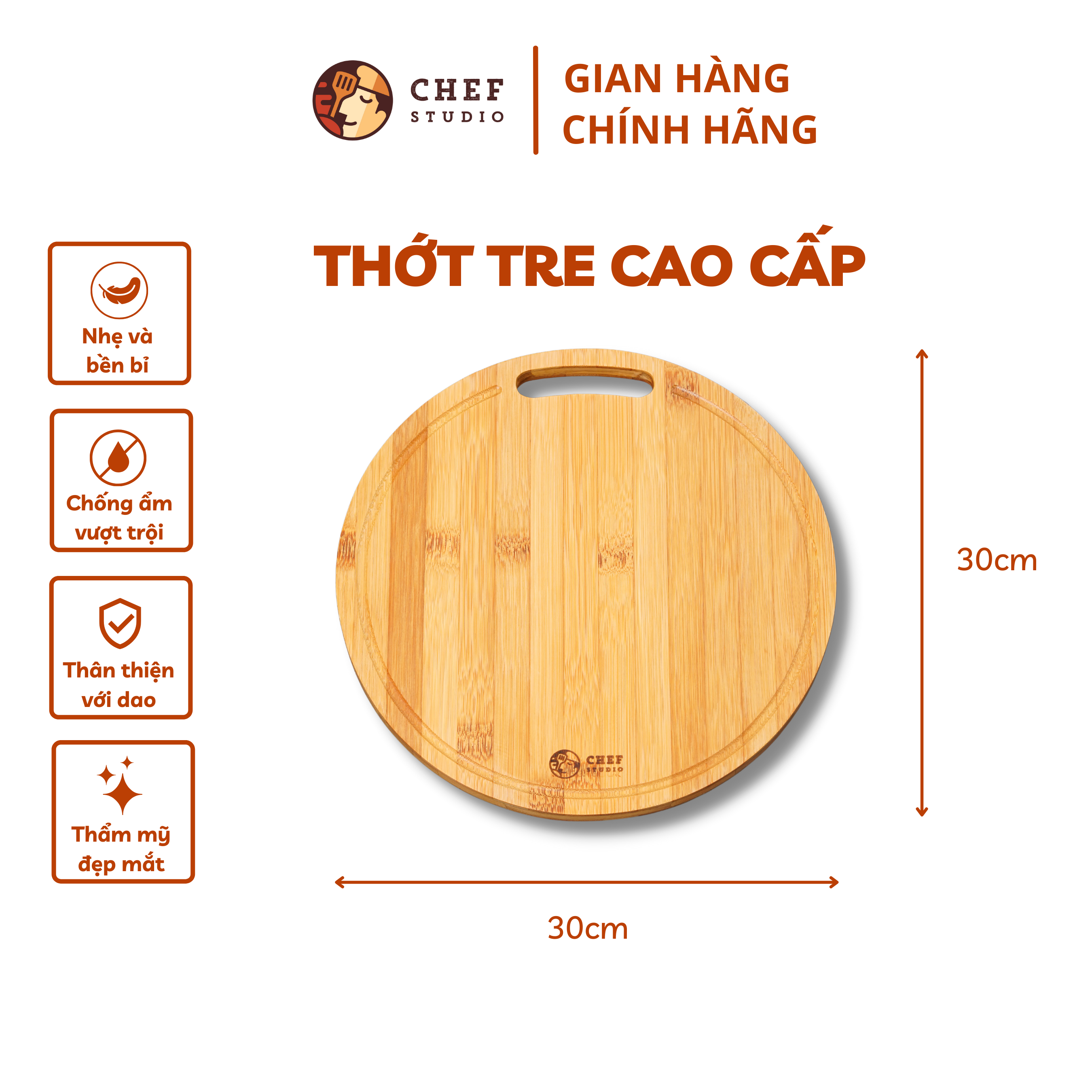 Thớt tre Chef Studio cao cấp hình tròn 30x1.5 cm, bền bỉ, an toàn cho sức khỏe, dùng cắt thái và bày trí đồ ăn
