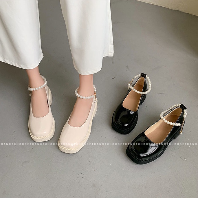 Giày mary jane da bóng mũi vuông phối quai ngọc ulzzang - gd021