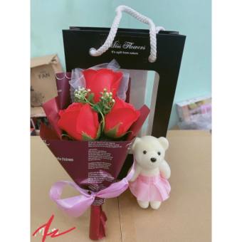 BÓ HOA 3 BÔNG + 1 GẤU KÈM TÚi