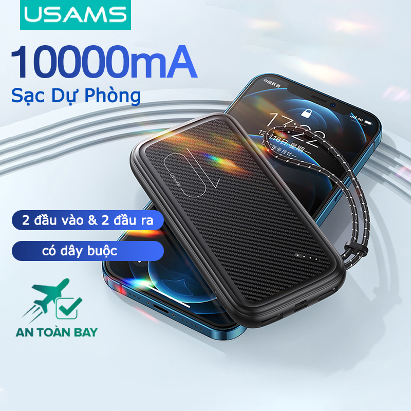 USMAS Portable 10000mAh Power Bank 4 Ports Dual USB Ports + USB C + Micro Port Charging Powerbank With Lanyard Can Take on Plane
