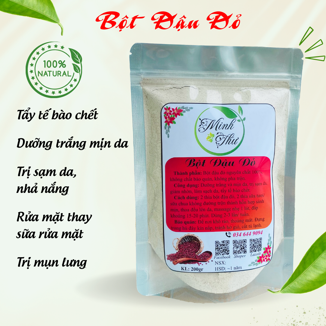 Bột đậu đỏ Minh Thư, bột đậu đỏ tắm trắng, bột đậu đỏ nguyên chất 100%, tẩy tế bào chết túi 200gr