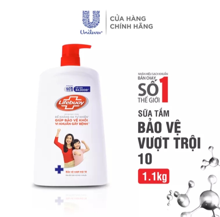 Sữa tắm Lifebuoy 1,1kg . Sữa tắm sạch khuẩn Lifebuoy bảo vệ vượt trội 10 chai 1,1kg.