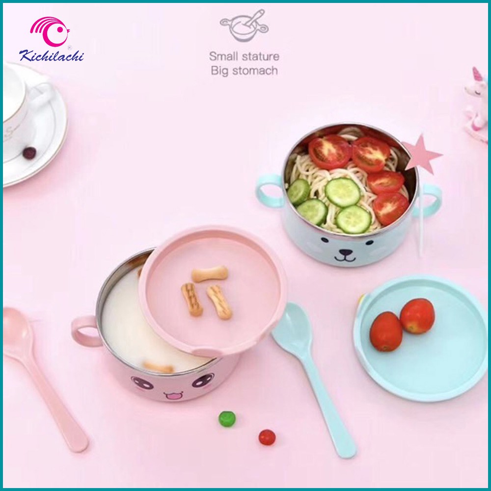 Bát ăn dặm inox giữ nhiệt Kichi kèm thìa Muỗng nhựa có nắp đậy cho bé KICHILACHI 8866 KC K2025