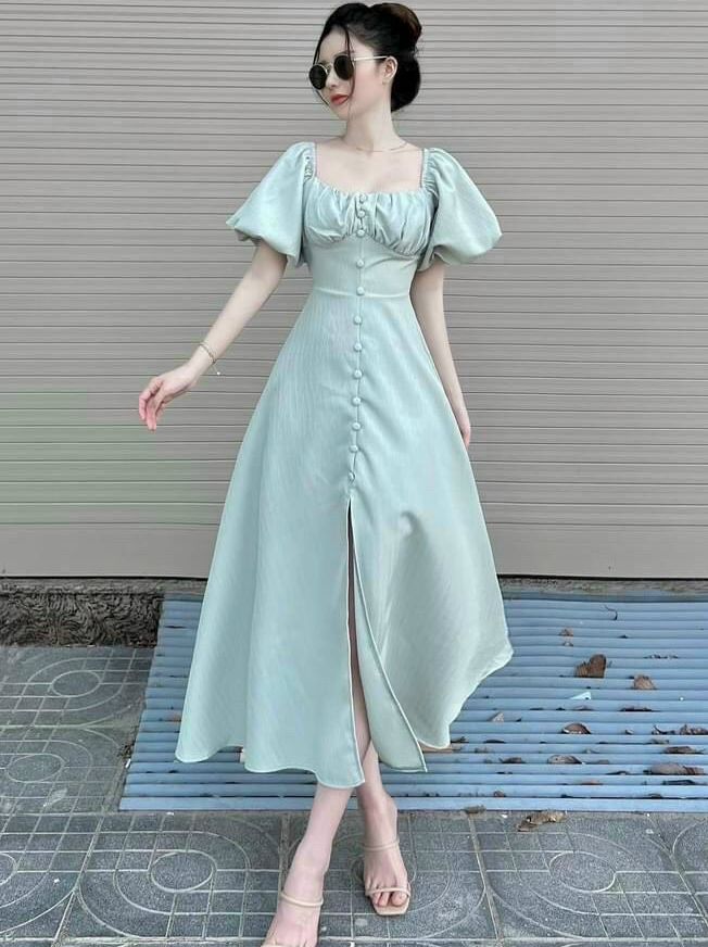 [mẫu mới] đầm nữ dáng xòe cổ vuông tay phồng có mút ngực kiểu đầm tiểu thư thanh lịch bốn màu trẻ trung freesize dưới 55kg thời trang thiết kế LANCHI