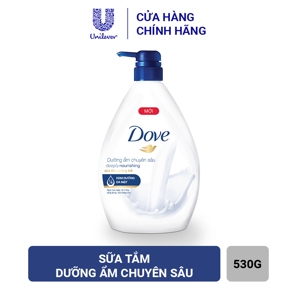 Sữa tắm DOVE dưỡng ẩm chuyên sâu 500g, chứa tinh chất dưỡng ẩm  Nutrium Moisture. Hỗn hợp độc đáo gồm tinh chất dưỡng ẩm kết hợp với lipid tự nhiên của da, thẩm thấu hiệu quả để nuôi dưỡng làn da